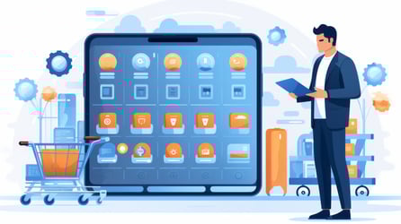 person-pushes-shopping-cart-chooses-products-lustration